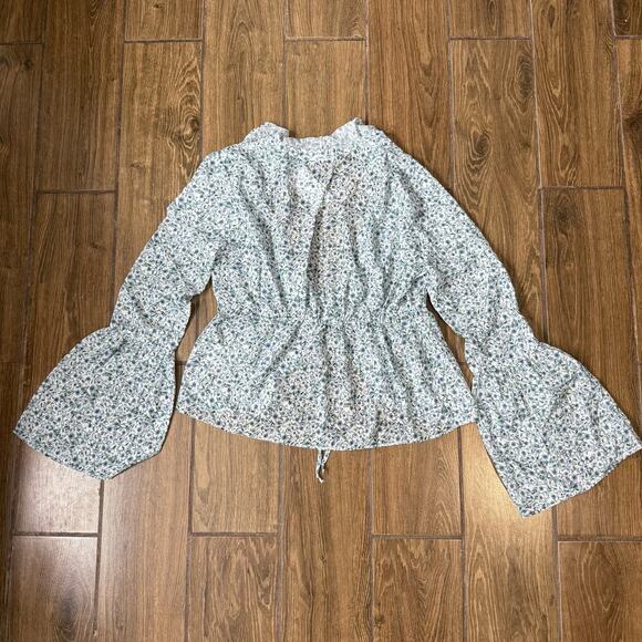 Women's Floral Print Ruffle Topper Tie-Waist Bell-Sleeve Top, Blue, S - Picture 2 of 6